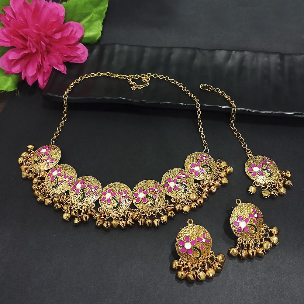 Kriaa Gold Plated Pink Meenakari Necklace Set With Maang Tikka - 1116024C