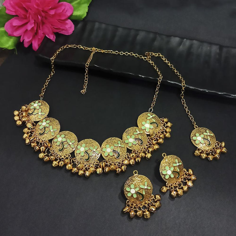 Kriaa Gold Plated Light Green Meenakari Necklace Set With Maang Tikka - 1116024F
