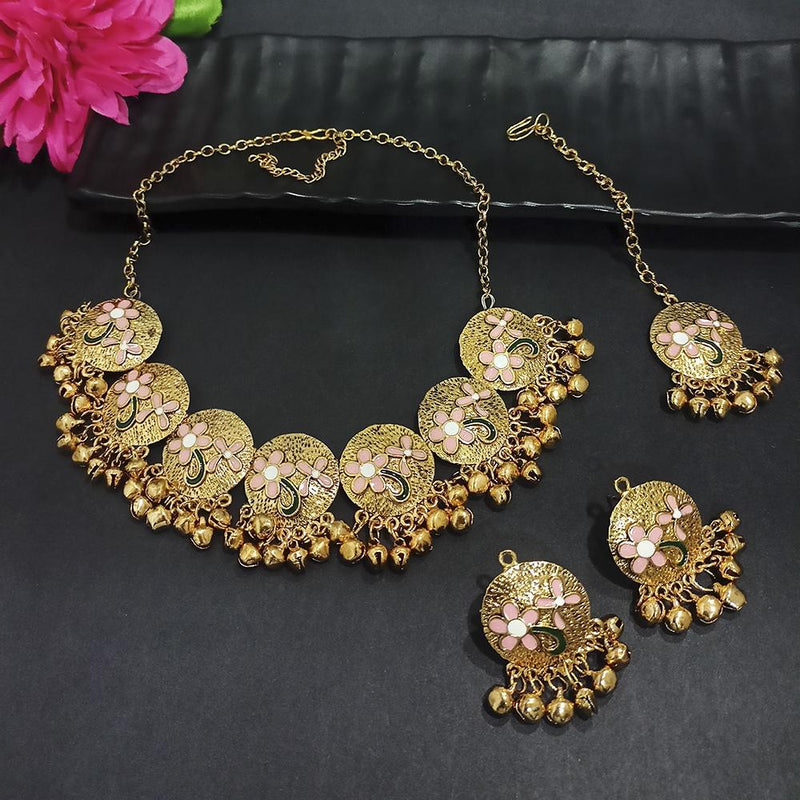 Kriaa Gold Plated Peach Meenakari Necklace Set With Maang Tikka - 1116024G