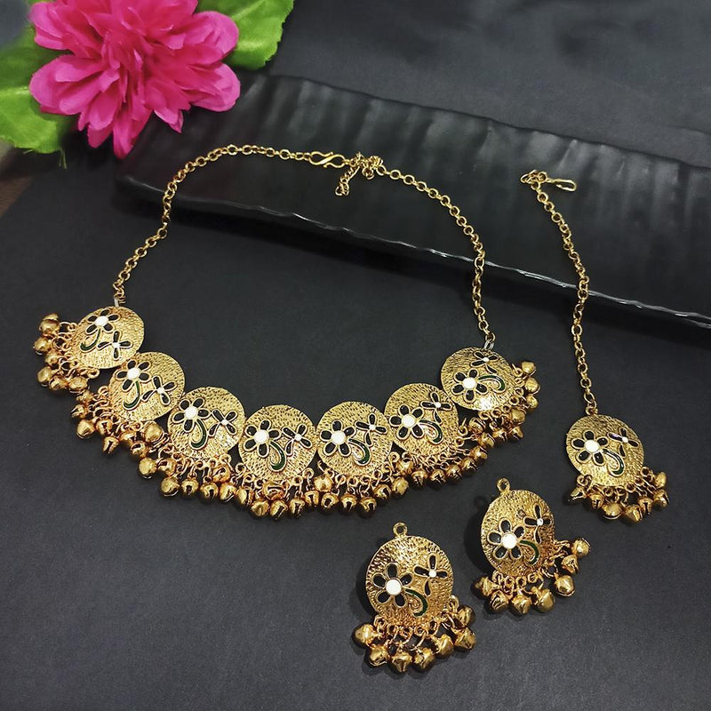 Kriaa Gold Plated Black Meenakari Necklace Set With Maang Tikka - 1116024H