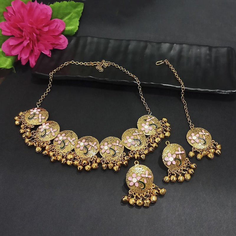 Kriaa Gold Plated Light Pink Meenakari Necklace Set With Maang Tikka - 1116024I