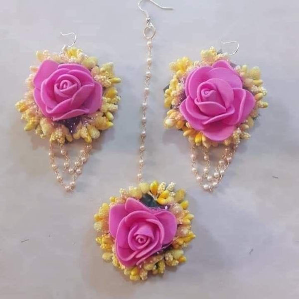 Kavyas Kreation Pink Floral Design Earrings With Maang tikka