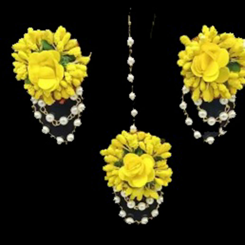 Kavyas Kreation Yellow Floral Design Earrings With Maang tikka