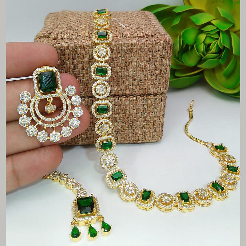 Everlasting Quality Jewels Gold Plated AD Necklace With Maangtikka