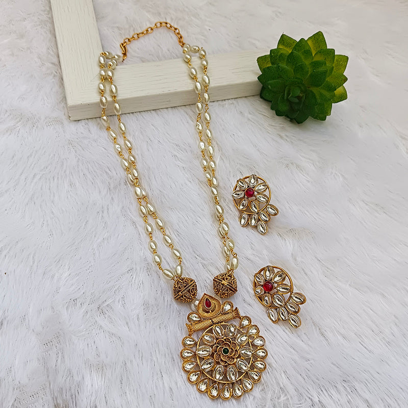 Bhavi Jewels Gold Plated Kundan Pearl Long Necklace Set