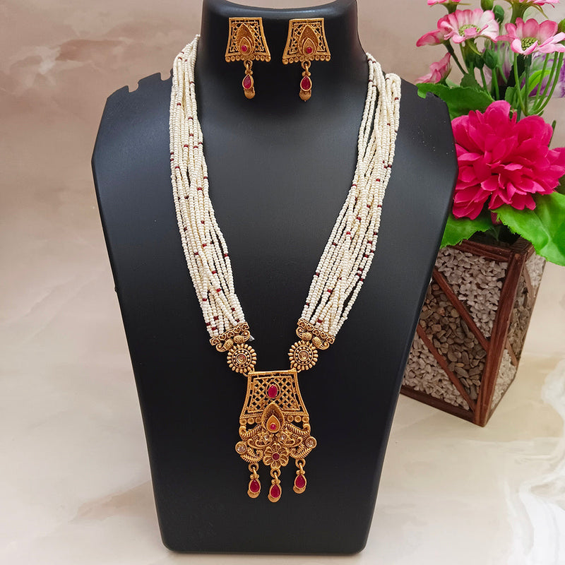 Bhavi Jewels Gold Plated Pota And Pearl Long Necklace Set