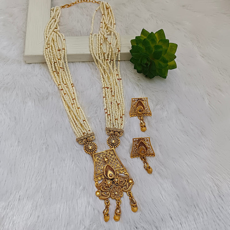 Bhavi Jewels Gold Plated Pota And Pearl Long Necklace Set