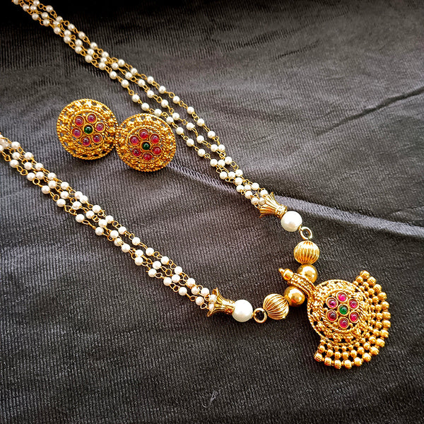 Bhavi Jewels Gold Plated Pota And Pearl Long Necklace Set