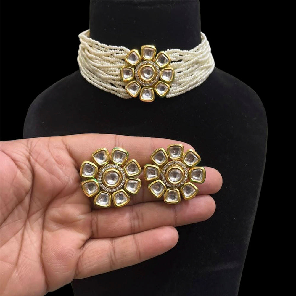 FS Collection Gold Plated Kundan Stone Pearl Choker Necklace Set