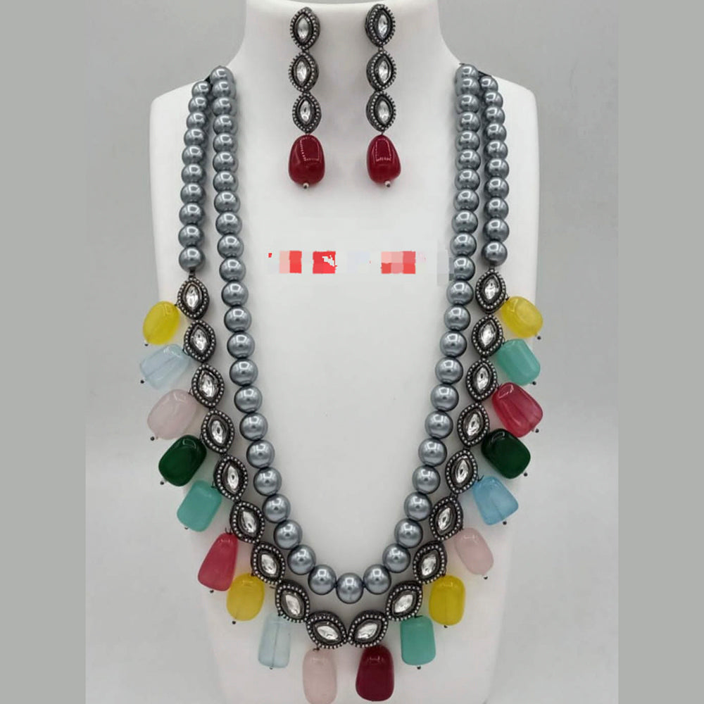 FS Collection Silver Plated Kundan Stone & Beads Long Necklace