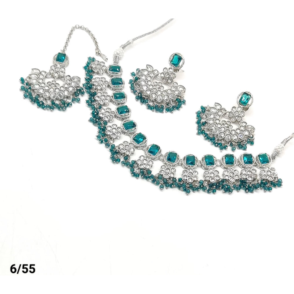 FS Collection Silver Plated Kundan & Crystal Stone Choker Necklace Set
