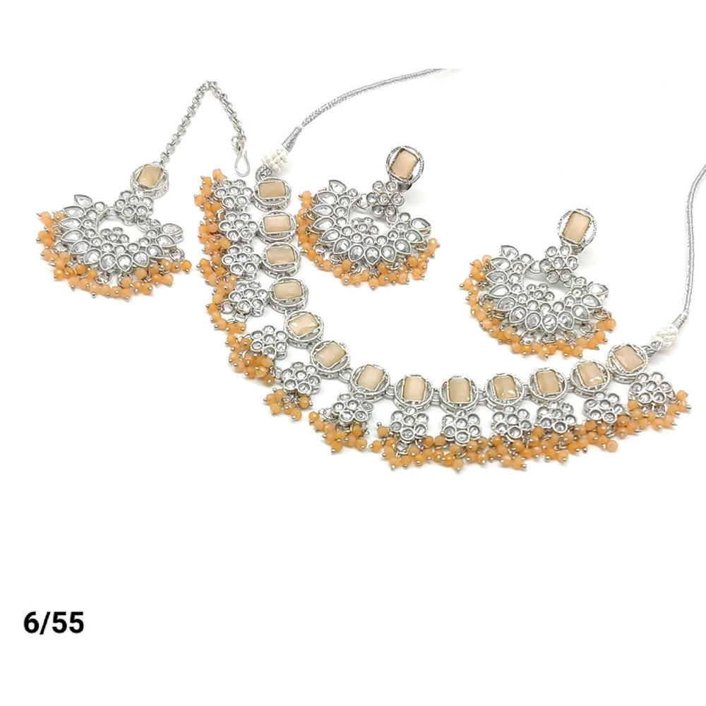 FS Collection Silver Plated Kundan & Crystal Stone Choker Necklace Set