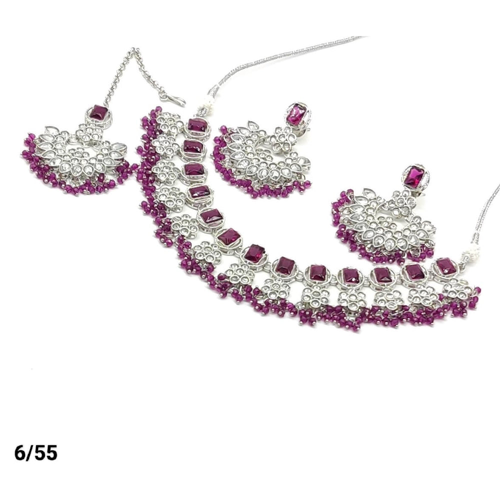FS Collection Silver Plated Kundan & Crystal Stone Choker Necklace Set