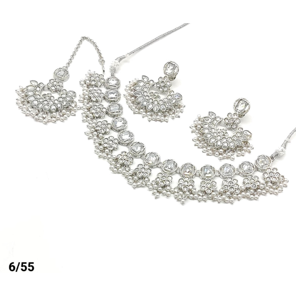 FS Collection Silver Plated Kundan & Crystal Stone Choker Necklace Set