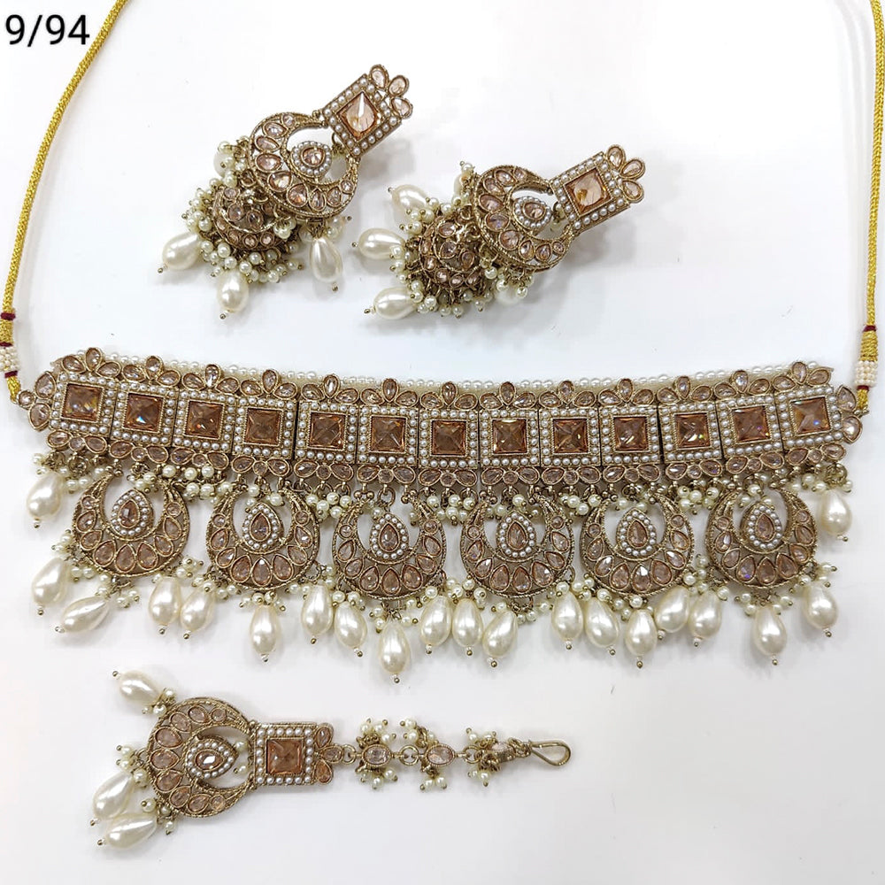 FS Collection Gold Plated Crystal Stone & Beads Choker Necklace Set