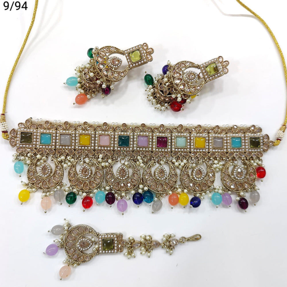FS Collection Gold Plated Crystal Stone & Beads Choker Necklace Set