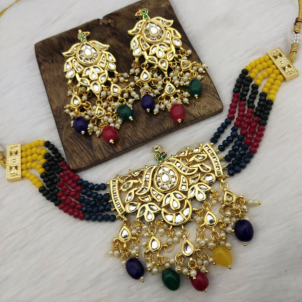 FS Collection Gold Plated Kundan Stone & Beads Choker Necklace Set