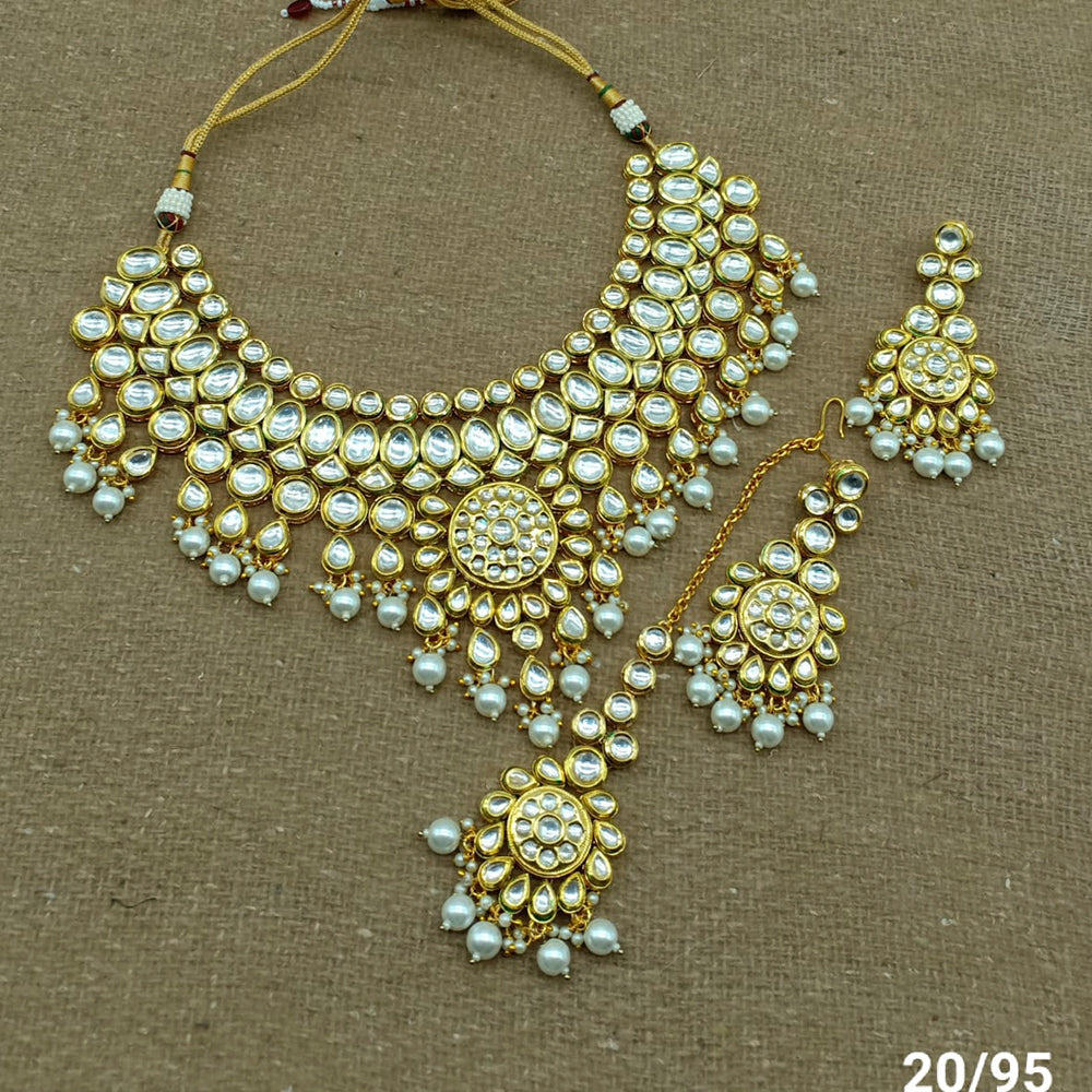 FS Collection Gold Plated Kundan Stone & Beads Choker Necklace Set With Mangtikka