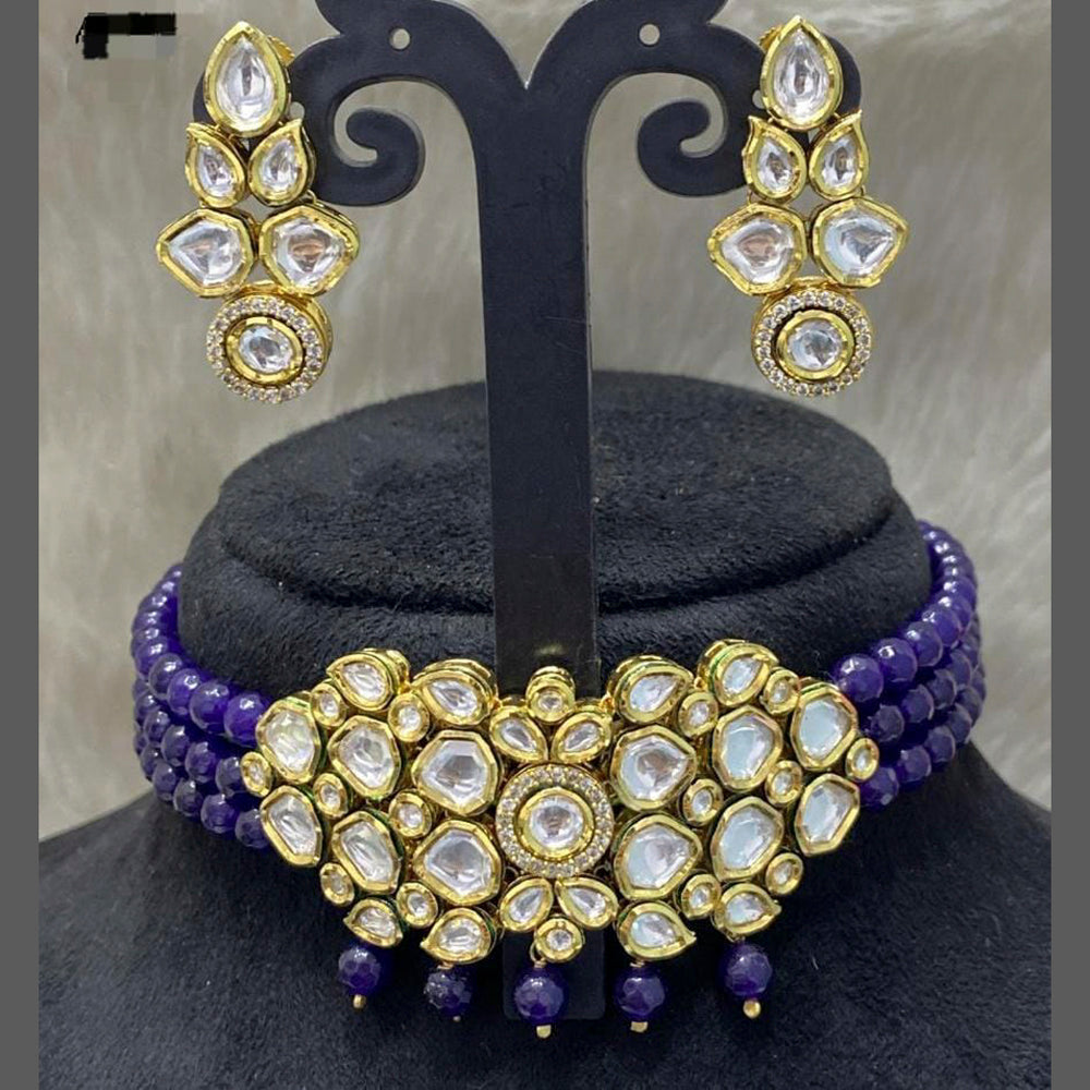 FS Collection Gold Plated Kundan Stone & Beads Choker Necklace Set