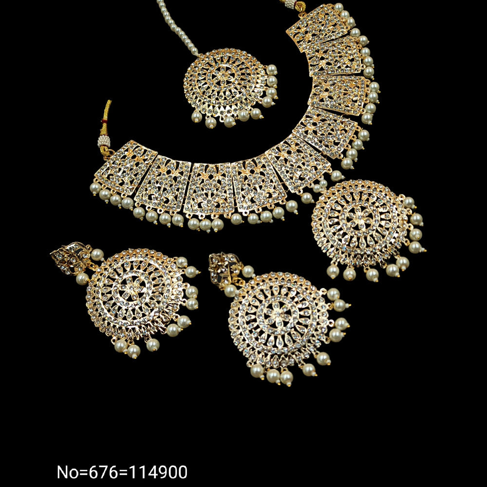FS Collection Gold Plated Austrian Stone & Beads Necklace Set With Mangtikka