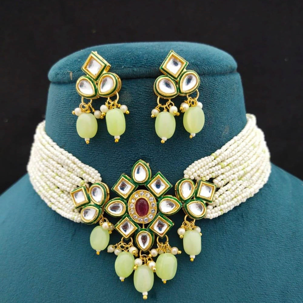 FS Collection Gold Plated Kundan Stone & Beads Choker Necklace Set