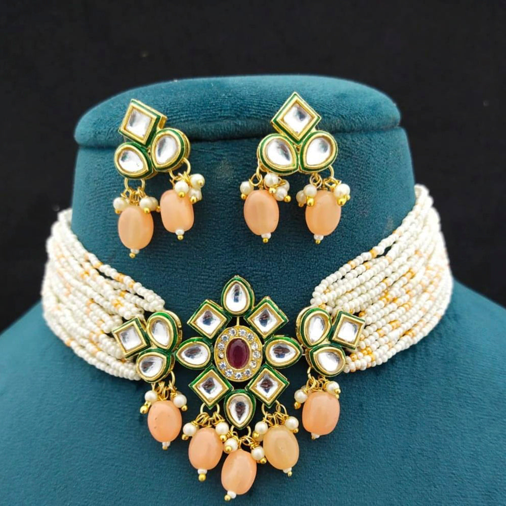 FS Collection Gold Plated Kundan Stone & Beads Choker Necklace Set