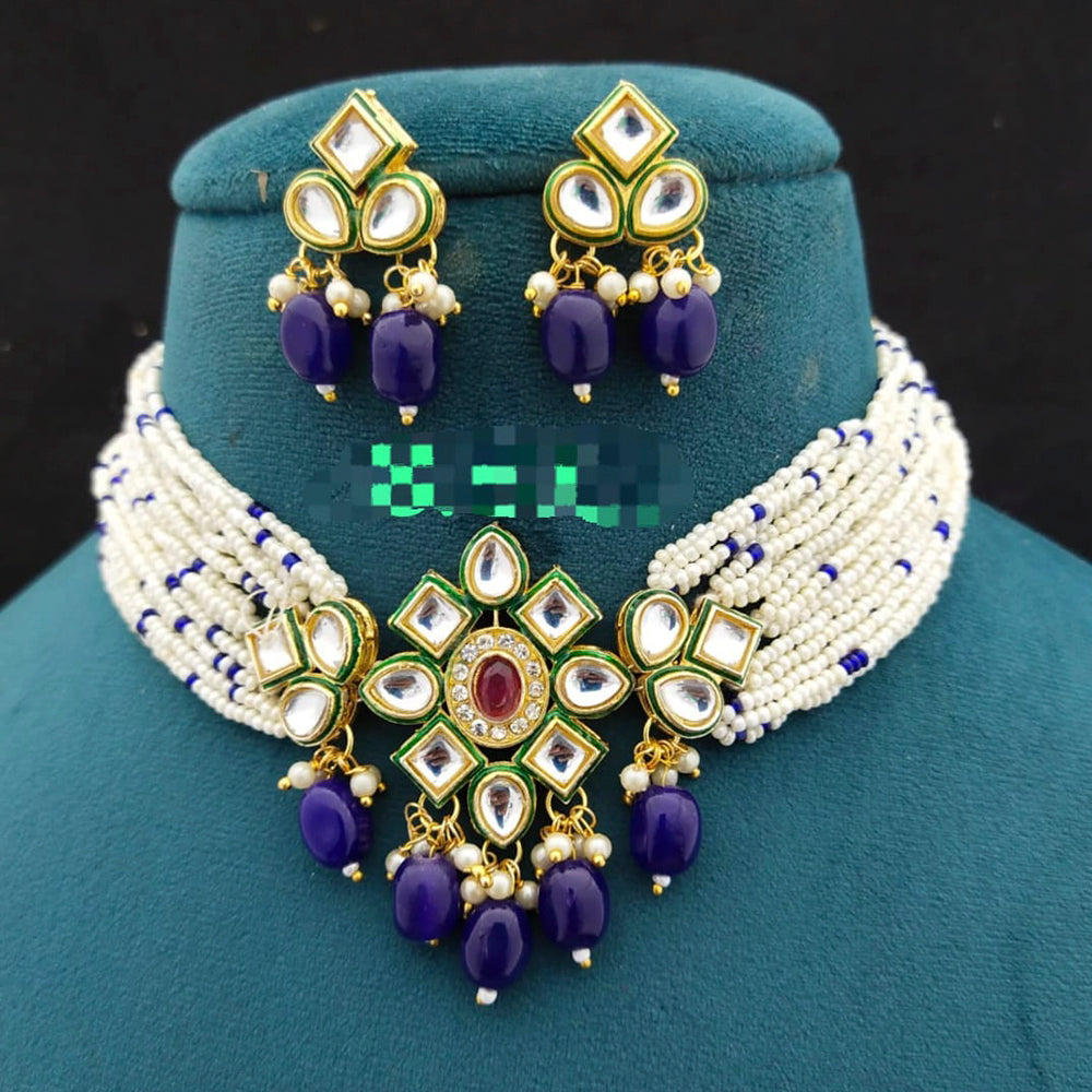 FS Collection Gold Plated Kundan Stone & Beads Choker Necklace Set