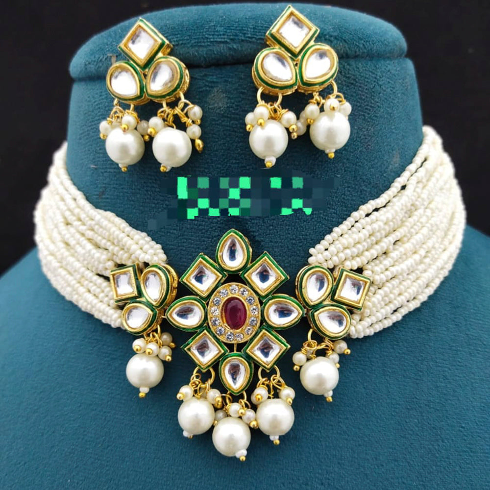 FS Collection Gold Plated Kundan Stone & Beads Choker Necklace Set