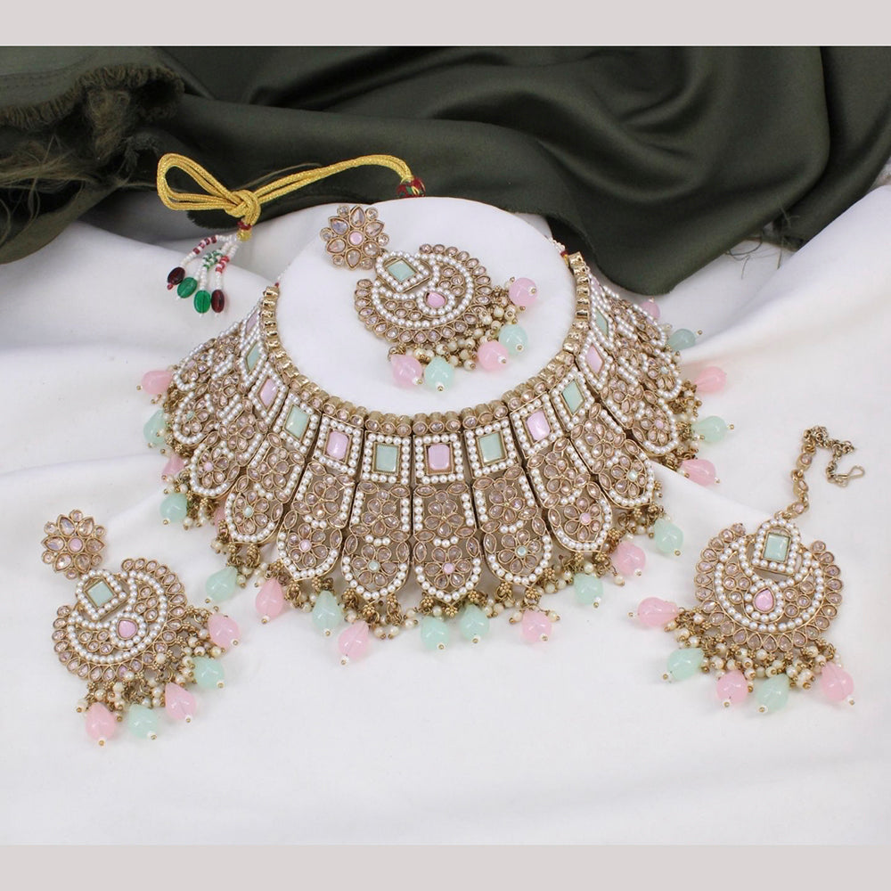 FS Collection Gold Plated Kundan Stone & Beads Choker Necklace Set