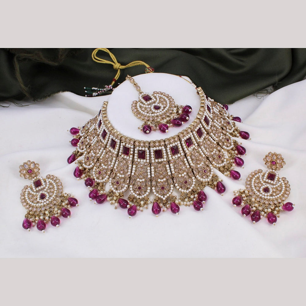 FS Collection Gold Plated Kundan Stone & Beads Choker Necklace Set