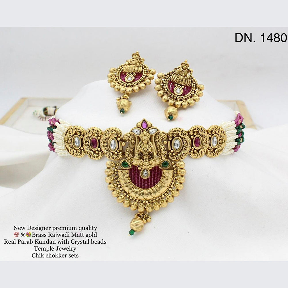 FS Collection Gold Plated Kundan Stone Temple Design Choker Necklace Set