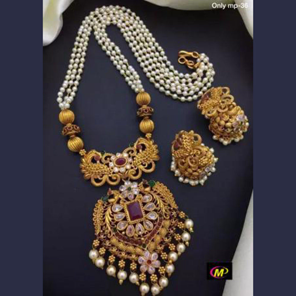FS Collection Gold Plated Kundan Stone Long Necklace Set