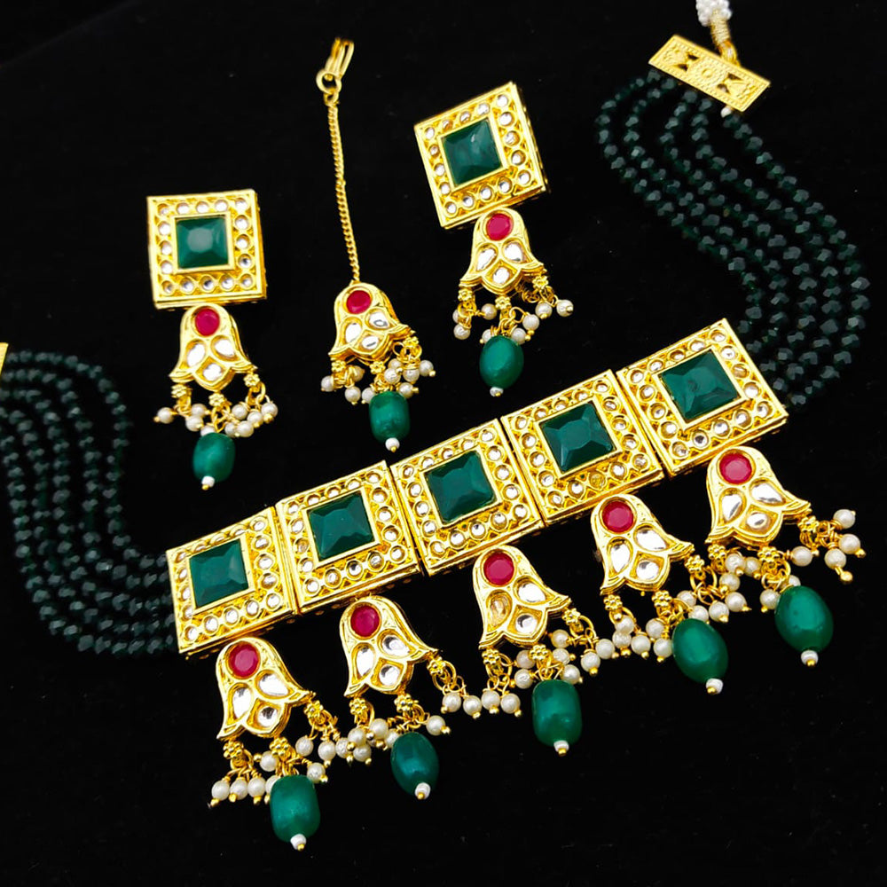 FS Collection Gold Plated Kundan & Beads Choker Necklace Set