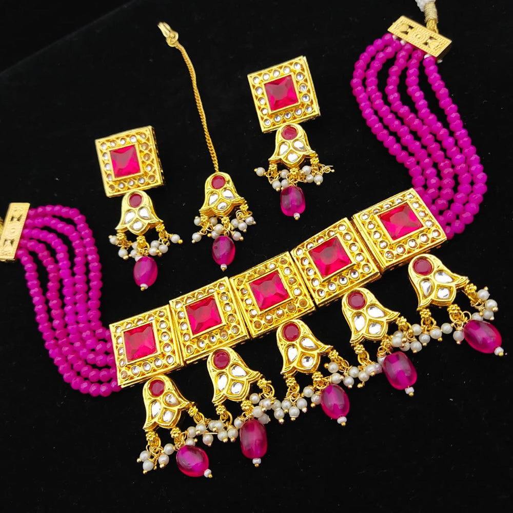 FS Collection Gold Plated Kundan & Beads Choker Necklace Set
