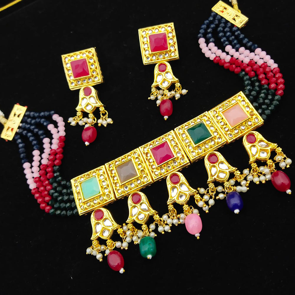FS Collection Gold Plated Kundan & Beads Choker Necklace Set