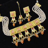 FS Collection Gold Plated Kundan & Beads Choker Necklace Set