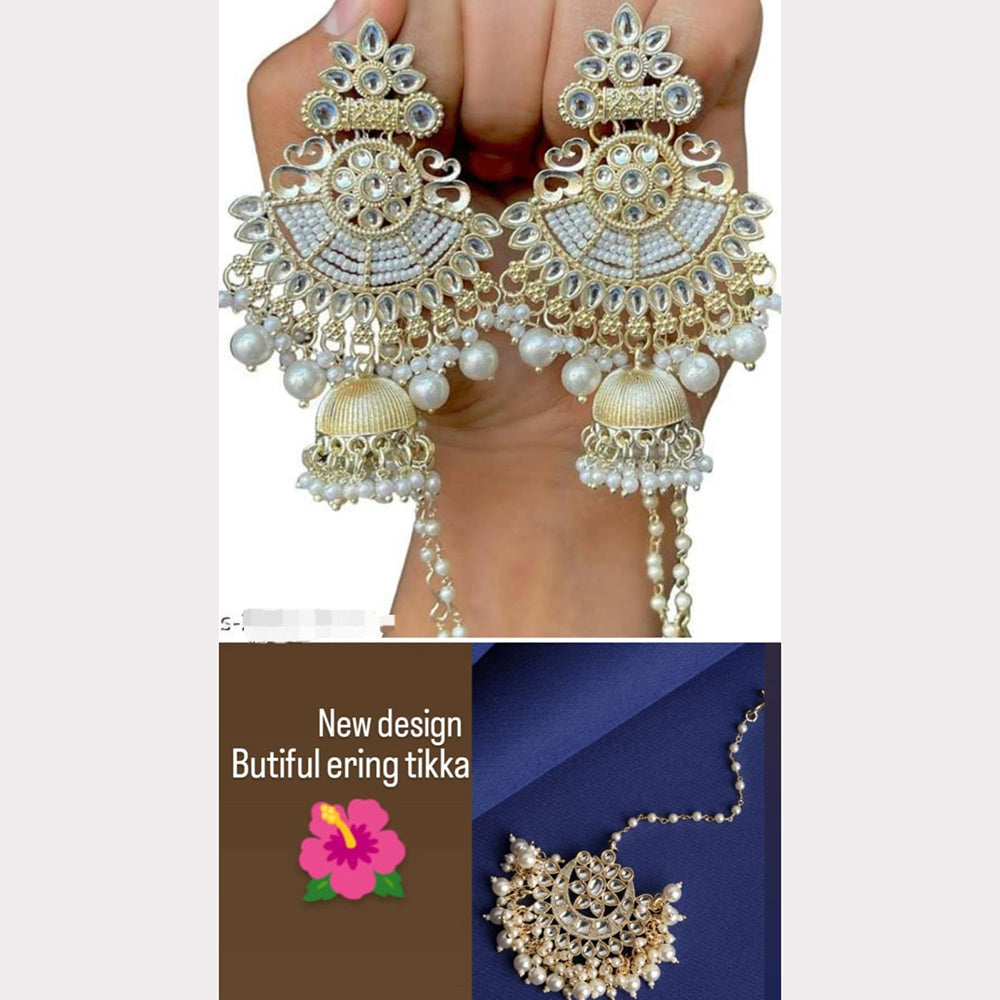 FS Collection Gold Plated Dangler Earrings & Maangtikka Set