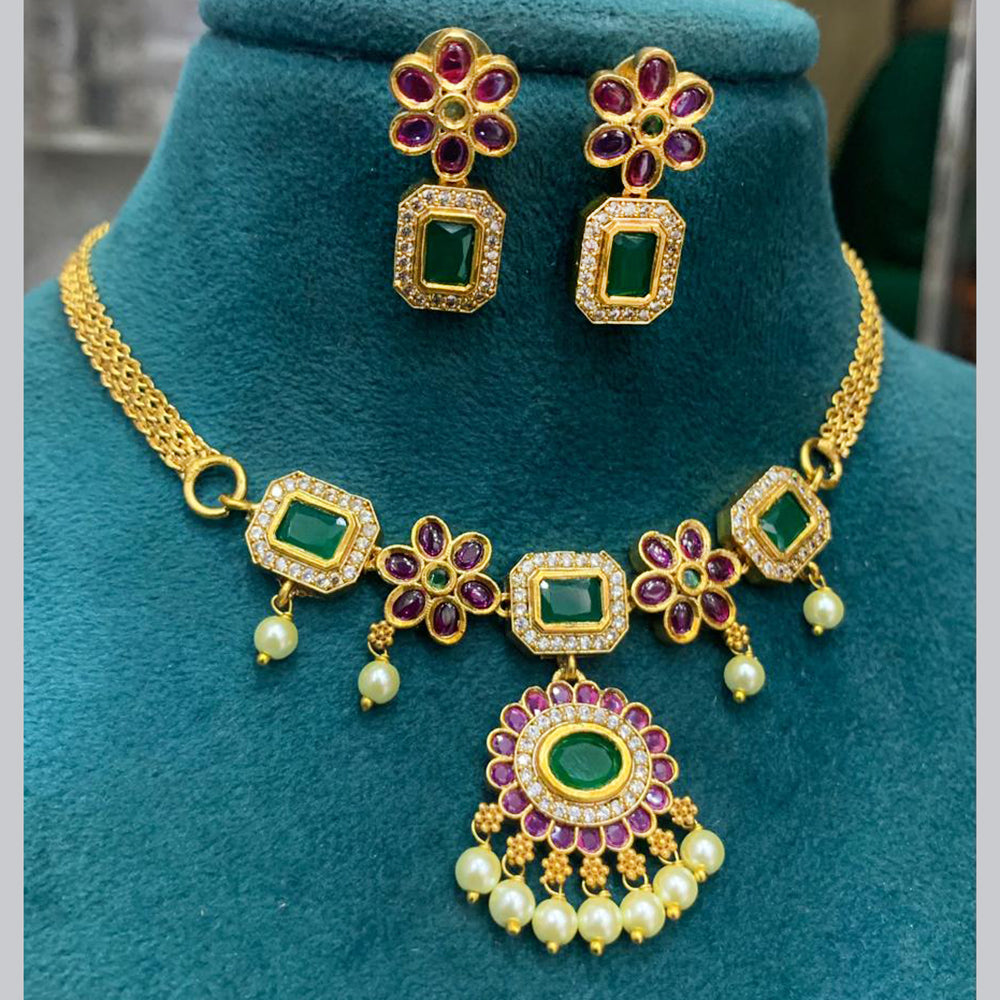 FS Collection Gold Plated AD and Pota Stone Necklace Set