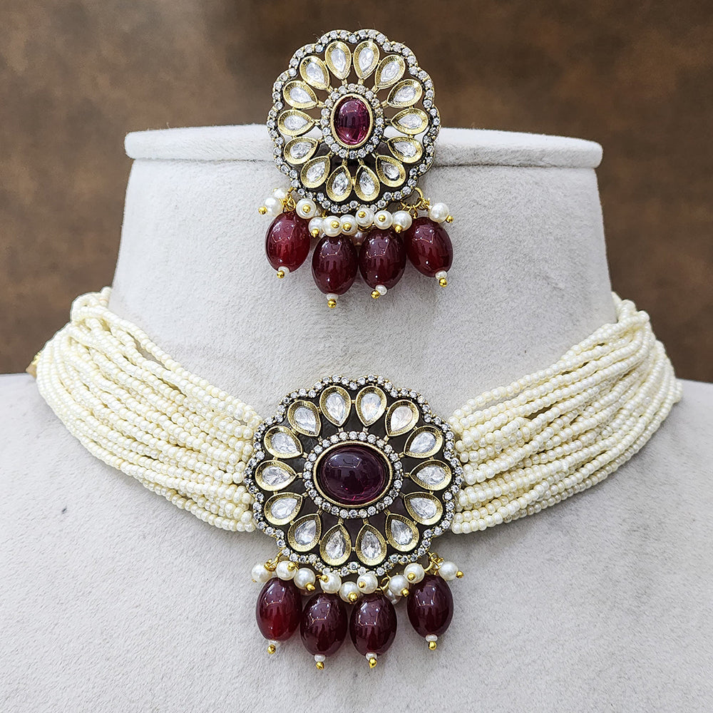 FS Collection Gold Plated Kundan And Pearl Choker Necklace Set