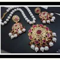 FS Collection Gold Plated Crystal And Pearl Long Necklace Set