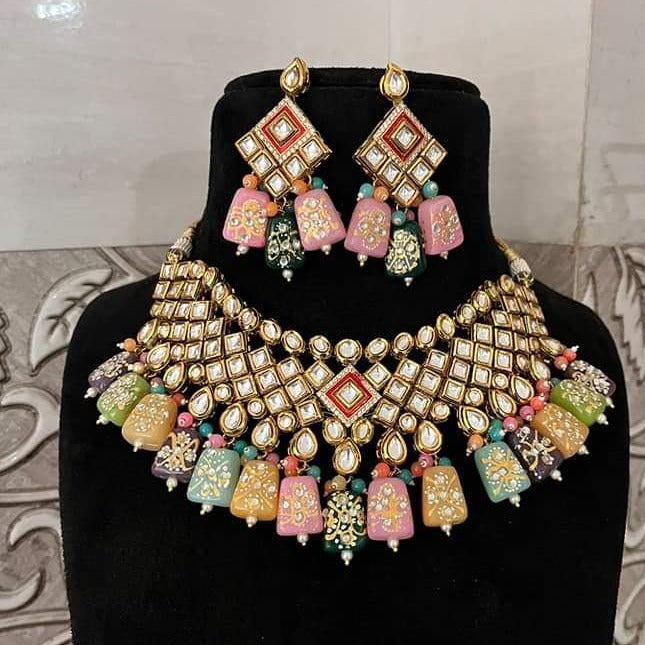 FS Collection Gold Plated Kundan Choker Necklace Set