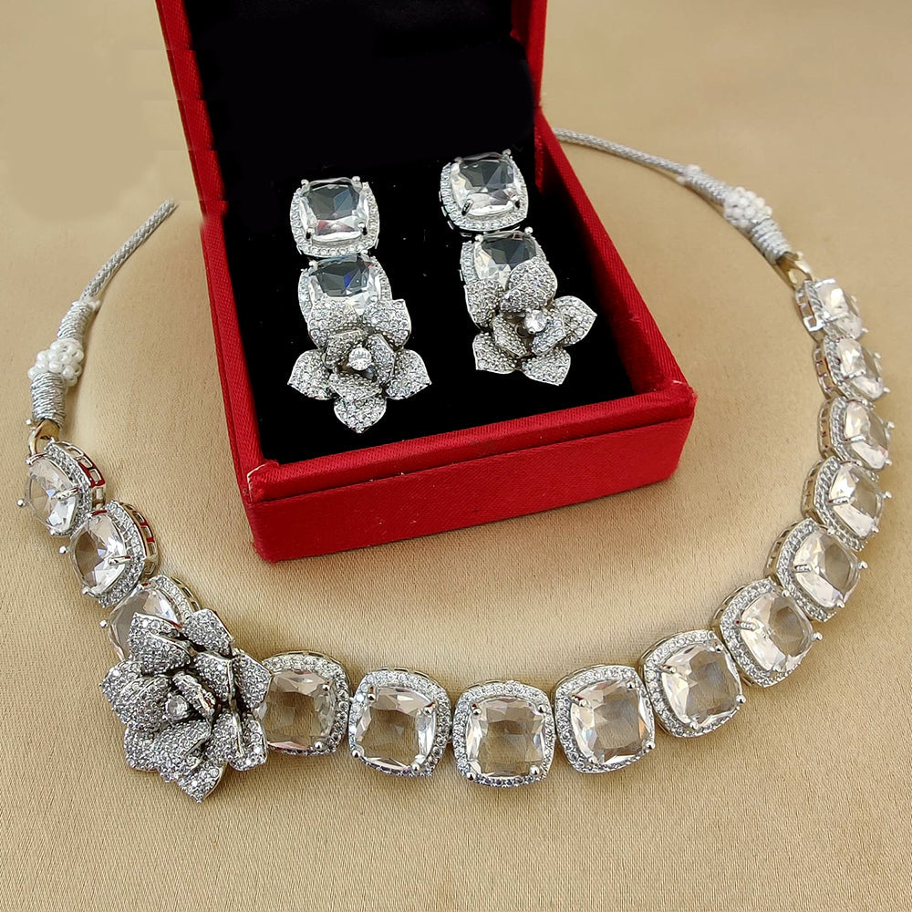 FS Collection Silver Plated AD Choker Necklace Set