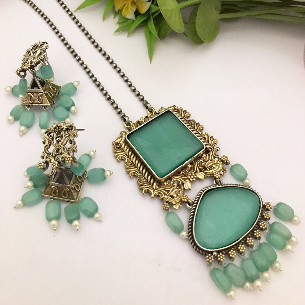 FS Collection Oxidised Plated Crystal Stone Long Necklace Set