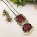FS Collection Oxidised Plated Crystal Stone Long Necklace Set