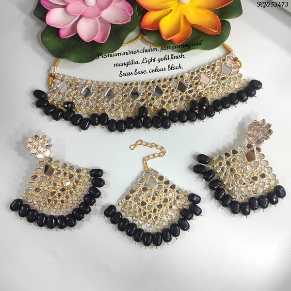 Raj Creations Gold Plated Mirror & Beads Choker Necklace Set