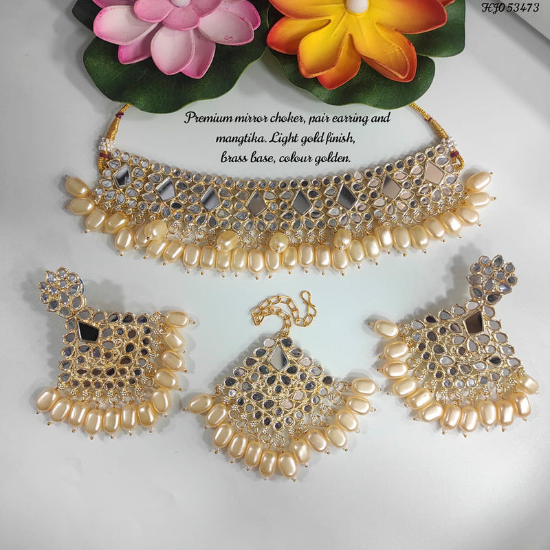 Raj Creations Gold Plated Mirror & Beads Choker Necklace Set