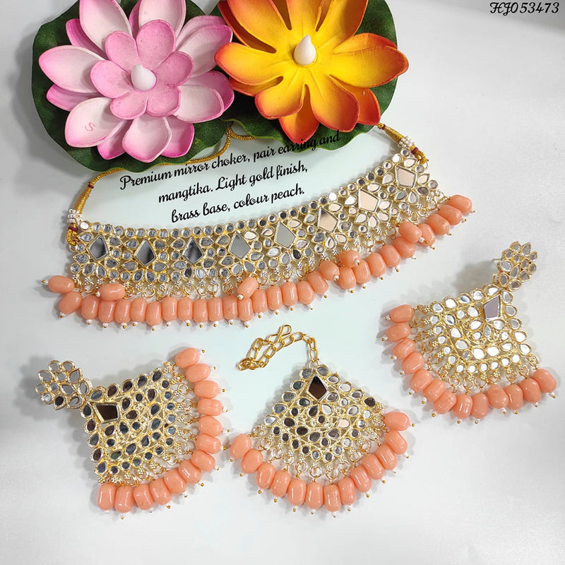 Raj Creations Gold Plated Mirror & Beads Choker Necklace Set