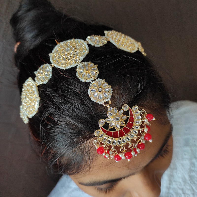 Raj Creations Gold Plated Kundan Designer Sheeshphool/ Head Band With Maangtikka