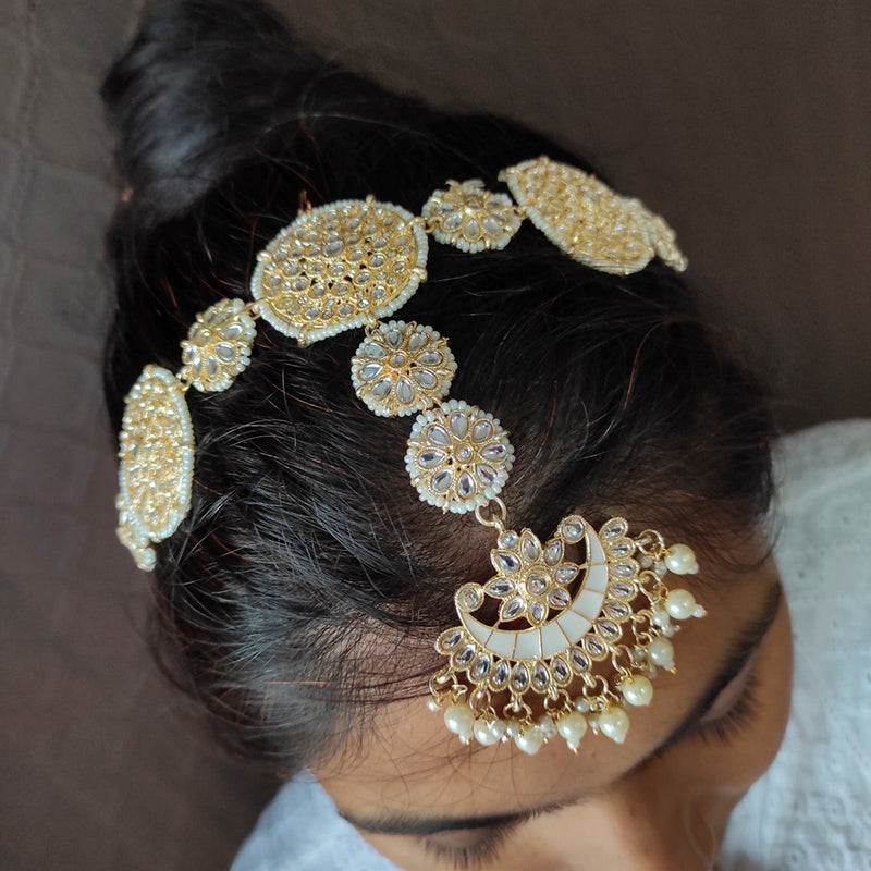 Raj Creations Gold Plated Kundan Designer Sheeshphool/ Head Band With Maangtikka