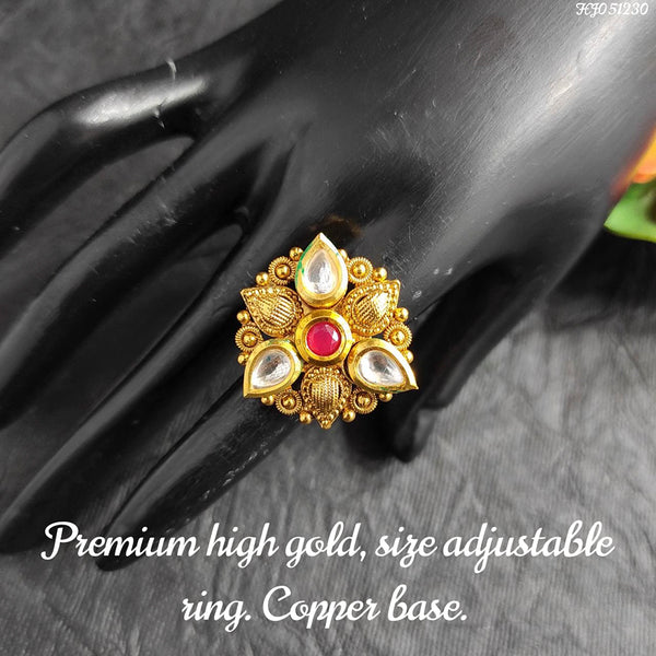 Gold Plated Kundan AD Jadau Adjustable Red Stone Ring - Beatnik